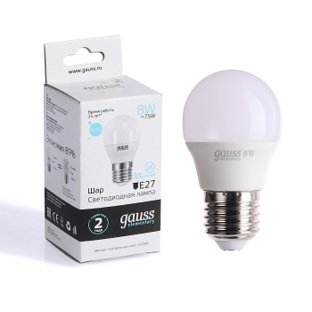 Лампа светодиодная Gauss Elementary, Е27, шар, 8 Вт, 540 Лм, 4000 К, нейтральный белый