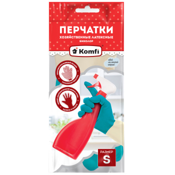 Перчатки латексные Удлиненные "БИКОЛОР" Бежевый/Бирюзовый 1пара р-р    "S" BICOLO5 "Komfi" *12/144