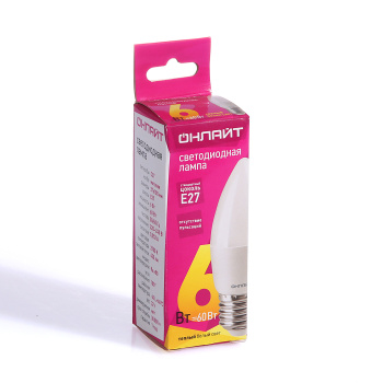 Лампа светодиодная ОНЛАЙТ, Е27, свеча C37, 6 Вт, 450 Лм, 2700 К, теплый белый