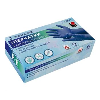 Перчатки латексные прочные XL (супер-большой) коробка 50шт (25пар) Синие HR04G "А.Д.М" *1/10