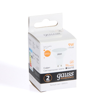 Лампа светодиодная Gauss Elementary, GU10, 9 Вт, 640 Лм, 3000 К, теплый белый