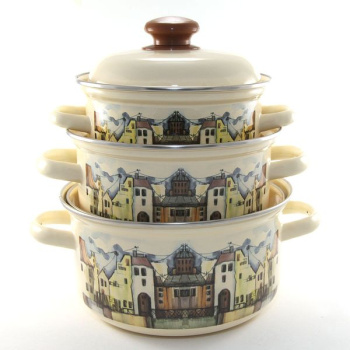 Набор кастрюль эмалированных: 1,5л+2,0л+3,0л рис. "Старый город" С-124АП2/4 "Лысьвенские ЭМАЛИ" *1